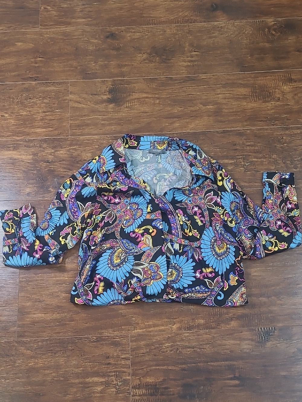 Haute Hippie Black Floral Paisley Button-Up Blouse with Turquoise Accents Size S